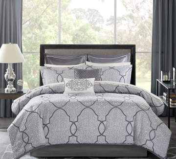 Madison Park Lavine Cozy Bed in a Bag Comforter Set, Traditional Luxe Jacquard Design All Season Down Alternative Bedding with Cotton Bed Sheets, Bed Skirt & Pillows, King Silver 12 Piece